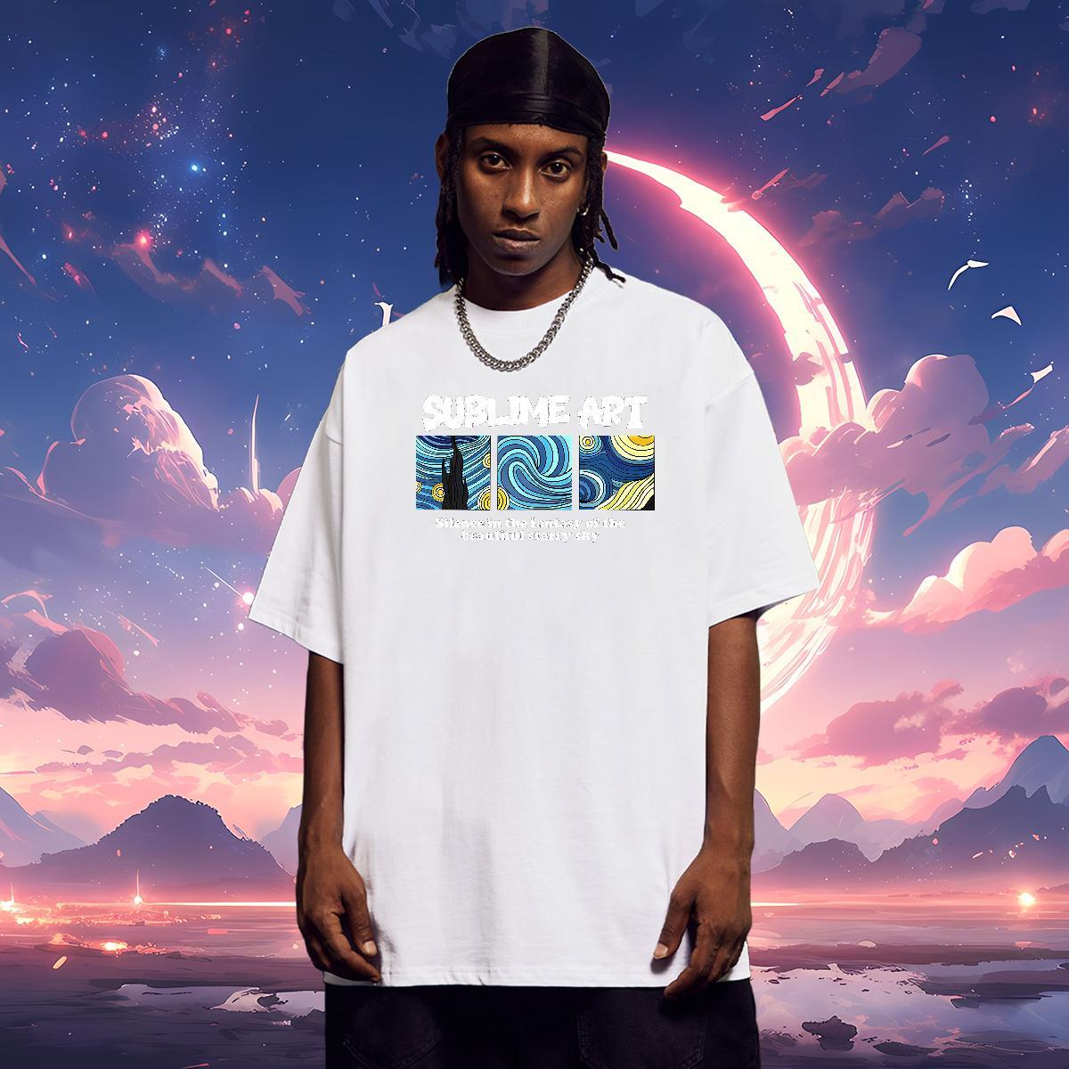 T Shirts Men 230g Pure Cotton starry sky Home Outdoor Breathable Crew Neck Custom Printed Men Tops Tees Classic Cool Clothings