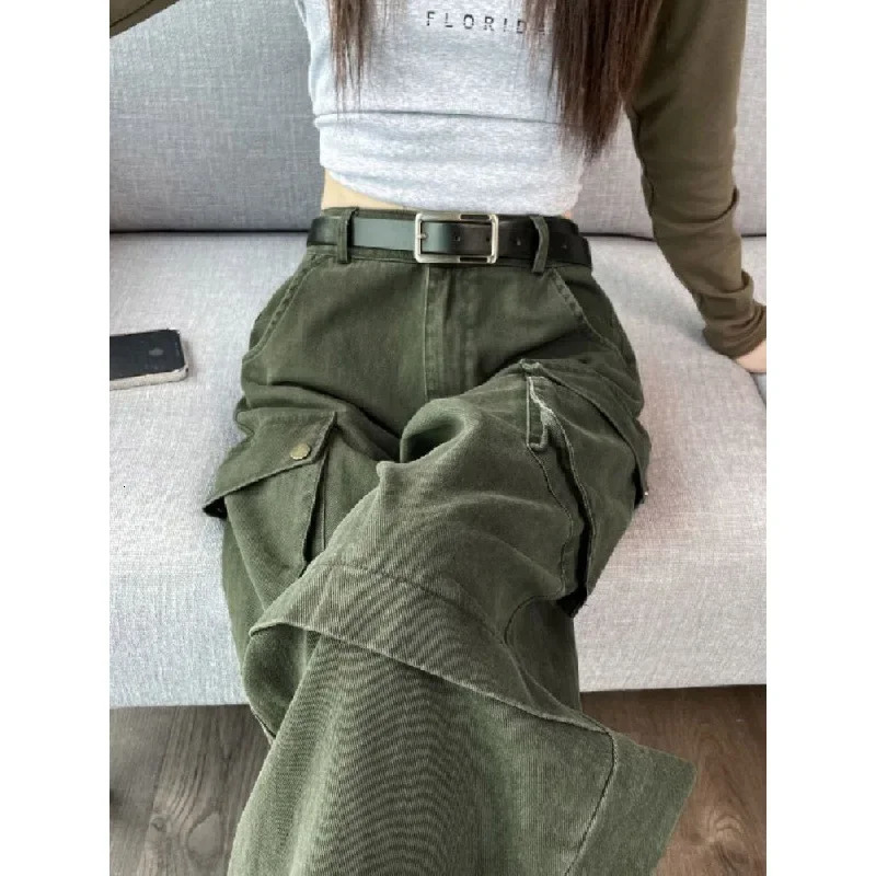 American Style Vintage High-waisted Slimming Straight-leg Wide-leg Denim Cargo Pants For Women Spring Autumn Draped 240806