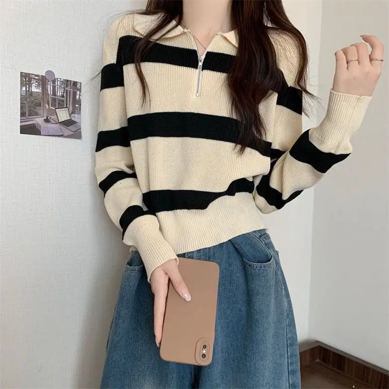 Striped Autumn Winter Womens Spliced Polo Collar Zipper Fashion Solid Loose Minimalist Casual Long Sleeve Knitted Top 240806