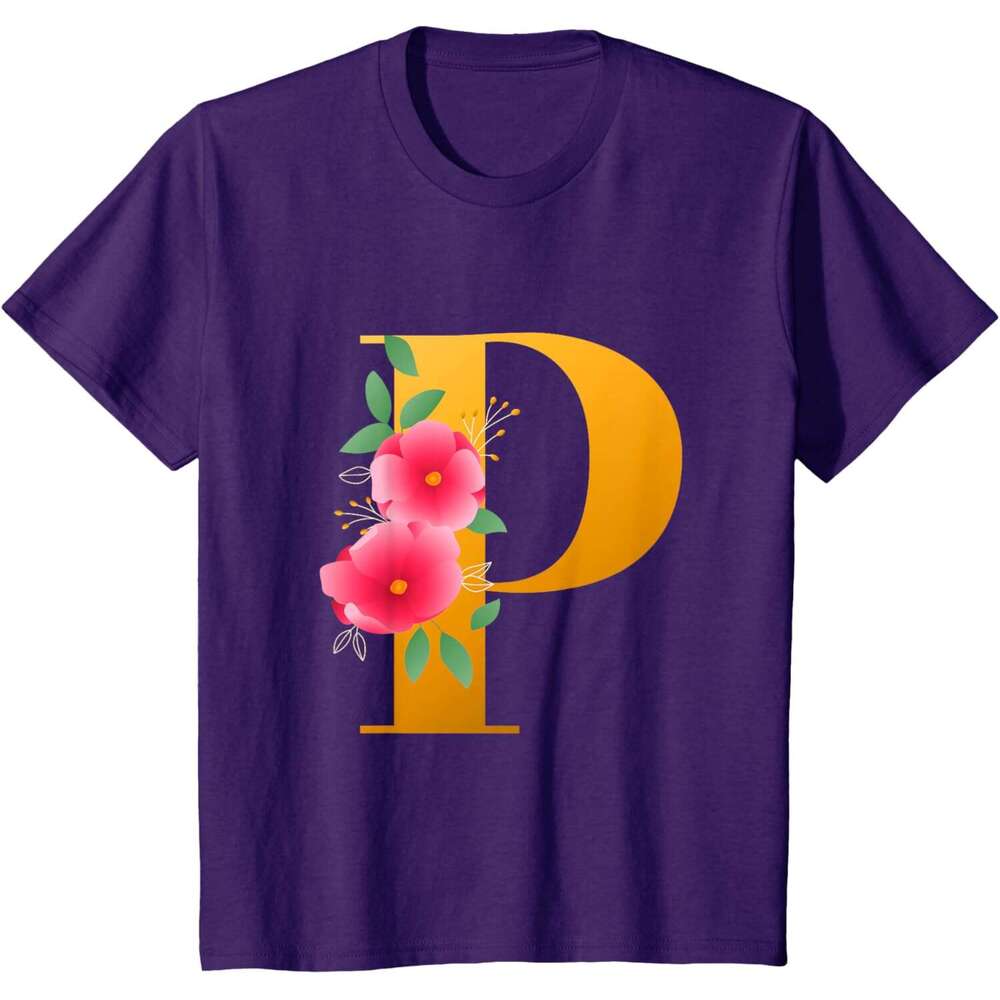 T shirt Mens Floral Alphabet Cute Initial Monogram Letter P Graphic T-Shirt shirts tshirt graphic tee Casual tops summer clothes Short sleeve Free shi