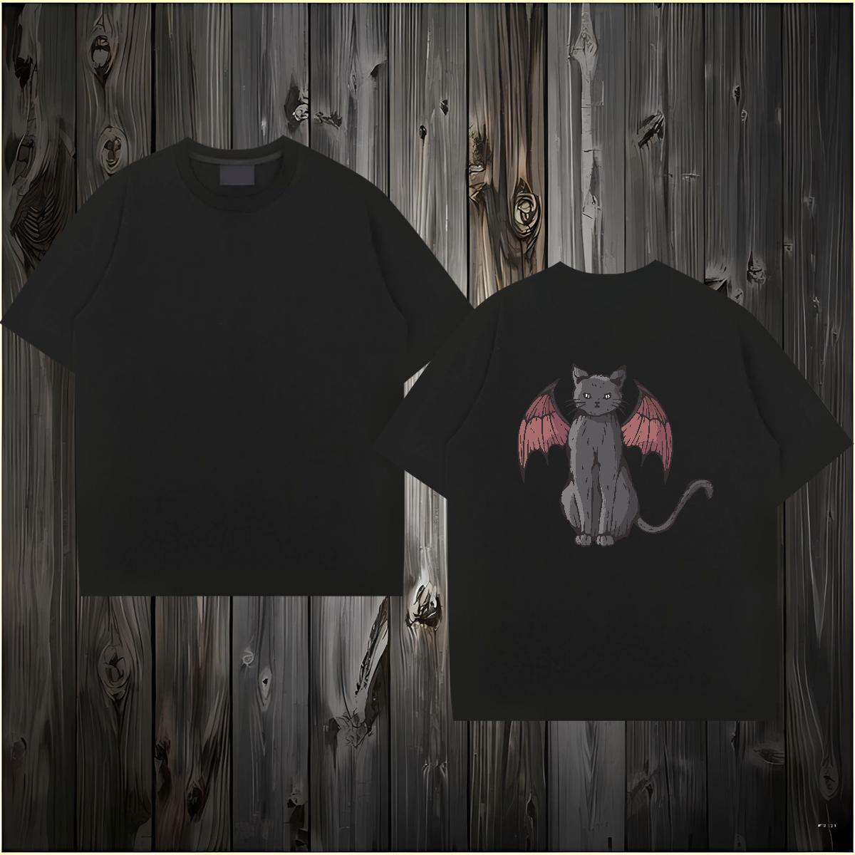 2024 DIY T-Shirts 230g 100% Cotton cat Daily Wear Tops Breathable Crew Neck Loose Couples T Shirts Cartoon Print