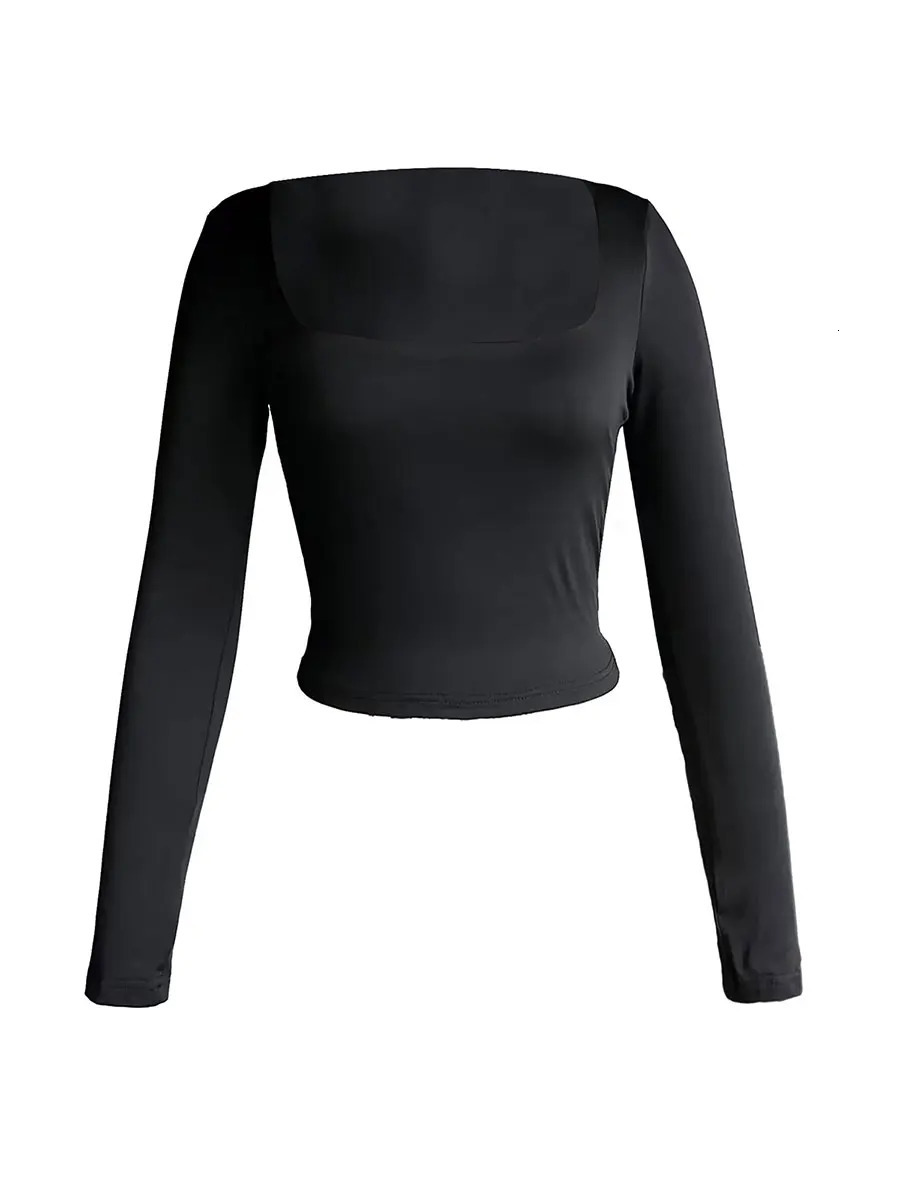 Women Long Sleeve Square Neck Slimming Casual Fall Tops y2k Patchwork T Shirt Harajuku Pullovers Casual Basic Tee 240806