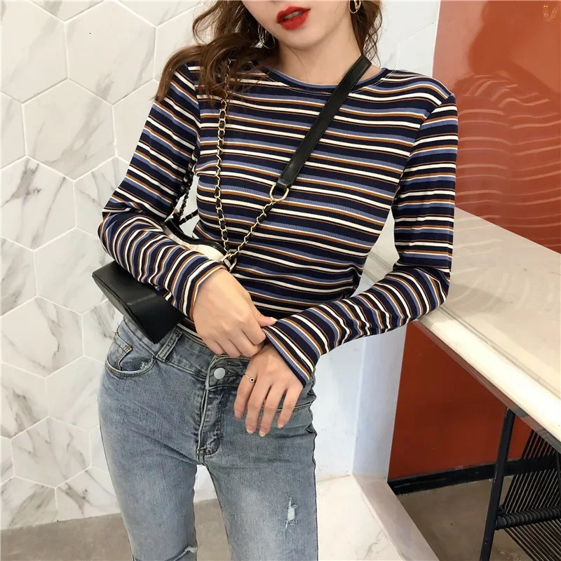 Spring Autumn Y2k Clothes Womens T-shirts Tops Women Striped LongSleeve Top Female T Shirt Korean Clothing Mujer Camisetas 240806