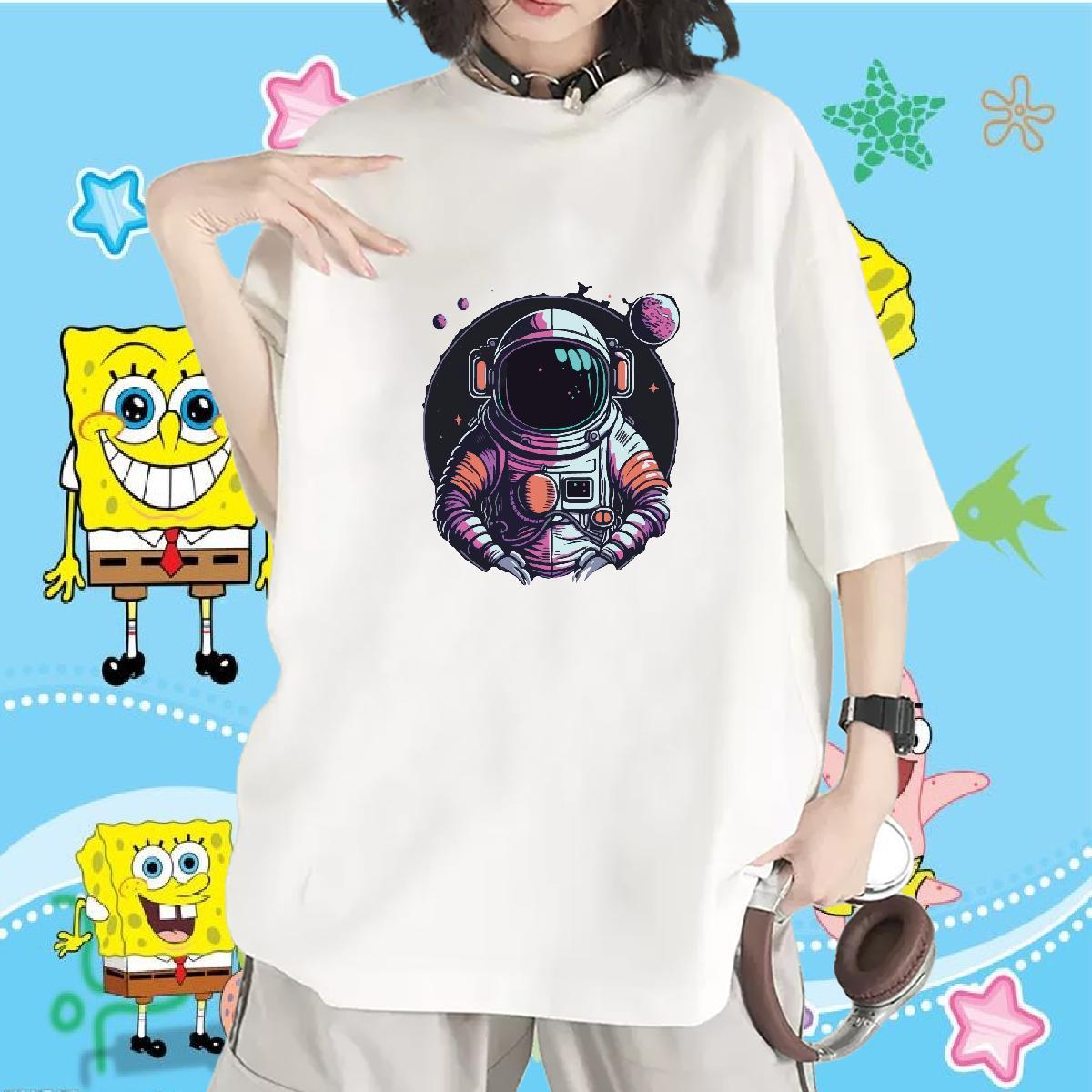 5A Unisex Tshirts 230g Pure Cotton cosmonaut Street Women T Shirts Breathable Short Sleeve Cartoon Floral Printing Tops