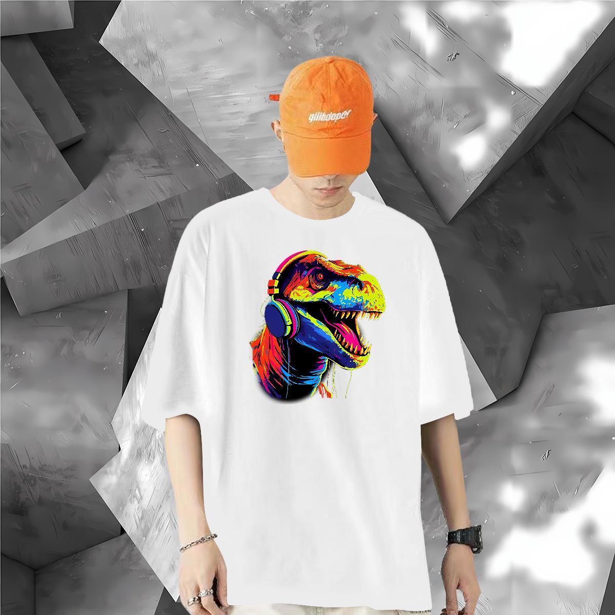 Custom Man T Shirts 230g Cotton dinosaur Outdoor Tops Tees Breathable Short Sleeve Loose Fit Men Tees White Plus Size