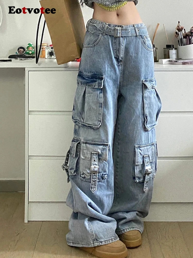 EOTVOTEE Women Casual Jeans American High Waist Street Style Baggy Cargo Pants Y2k Wide Leg Jeans Multiple Pockets Jeans 240806