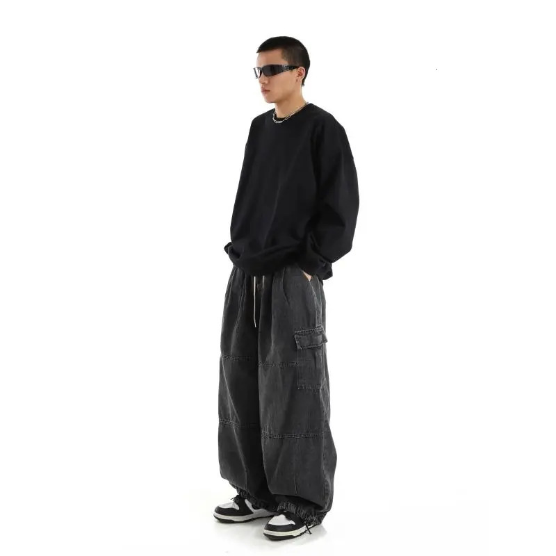 Y2k Black Baggy Cargo Jeans Trousers Men Streetwear Casual Hippie Jogging Wide leg Oversize Long Male Denim Pants 240806