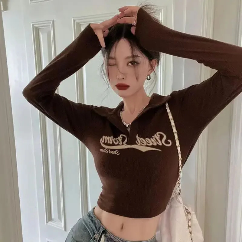 Vintage long sleeved T-shirt Y2k top ultra-thin polo shirt womens shirt aesthetic T-shirt street clothing Korean fashion sexy 240827