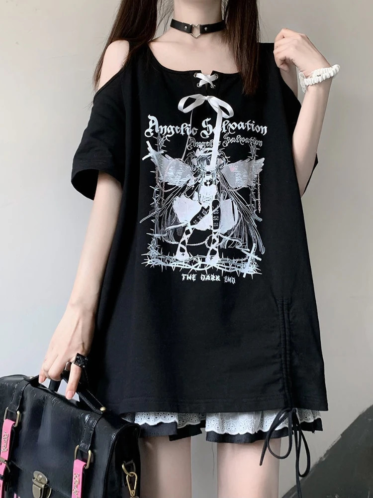 Strapless O-neck white angel T-shirt with letter print lace short sleeved T-shirt for women loose casual long T-shirt Y2k 240826