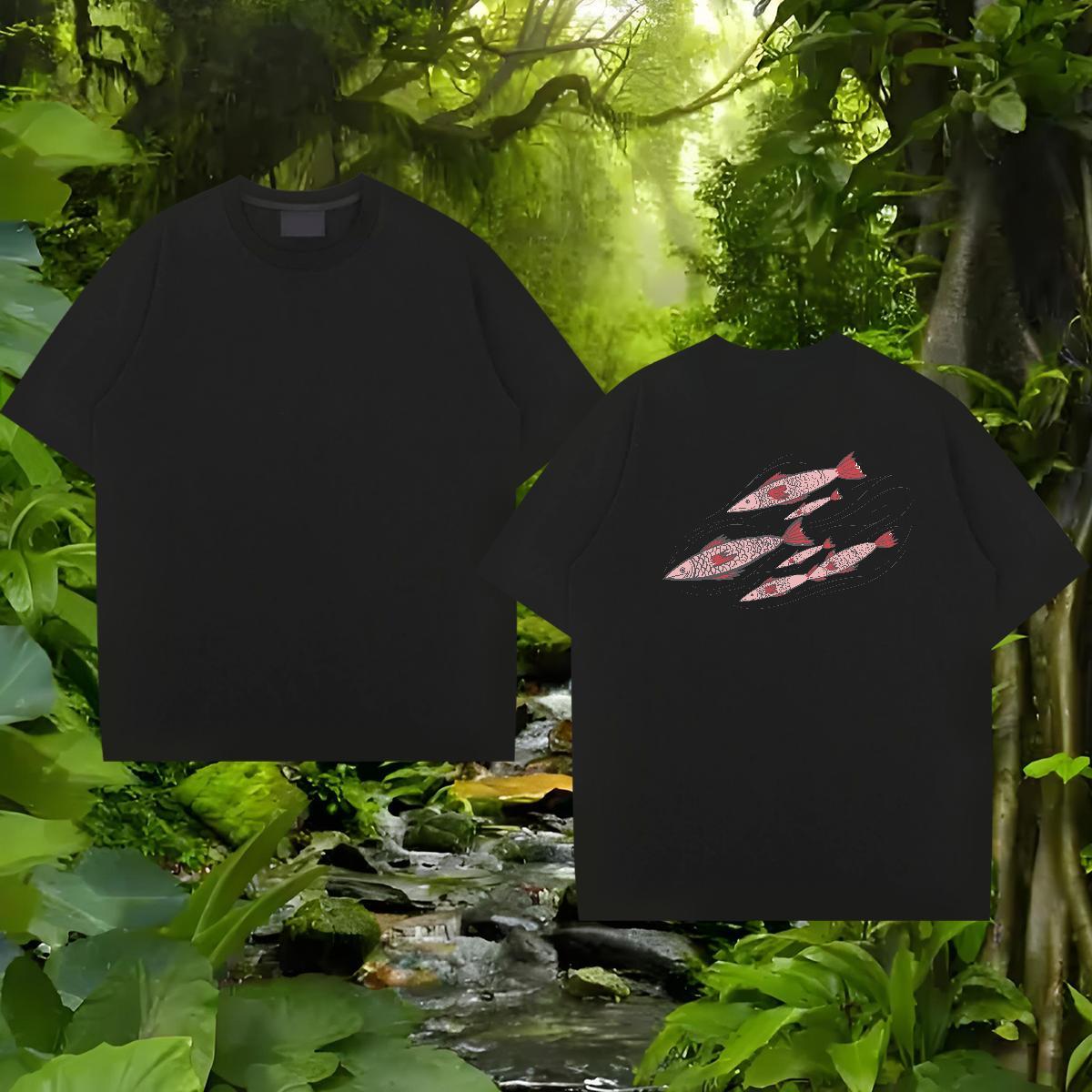 Fashion Designer T shirt 100% Cotton 230g fish Hip Hop Tops O Neck Short Sleeves Loose Fit Tshirt for Man Woman DIY Printed