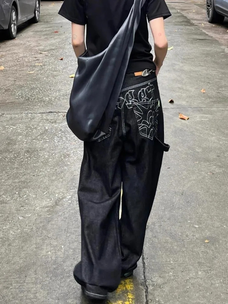 HOUZHOU Vintage Embroidery Black Jeans Women Oversized Streetwear Grunge Y2k Baggy Denim Trousers Boyfriend Jeans Hip Hop Gothic 240806
