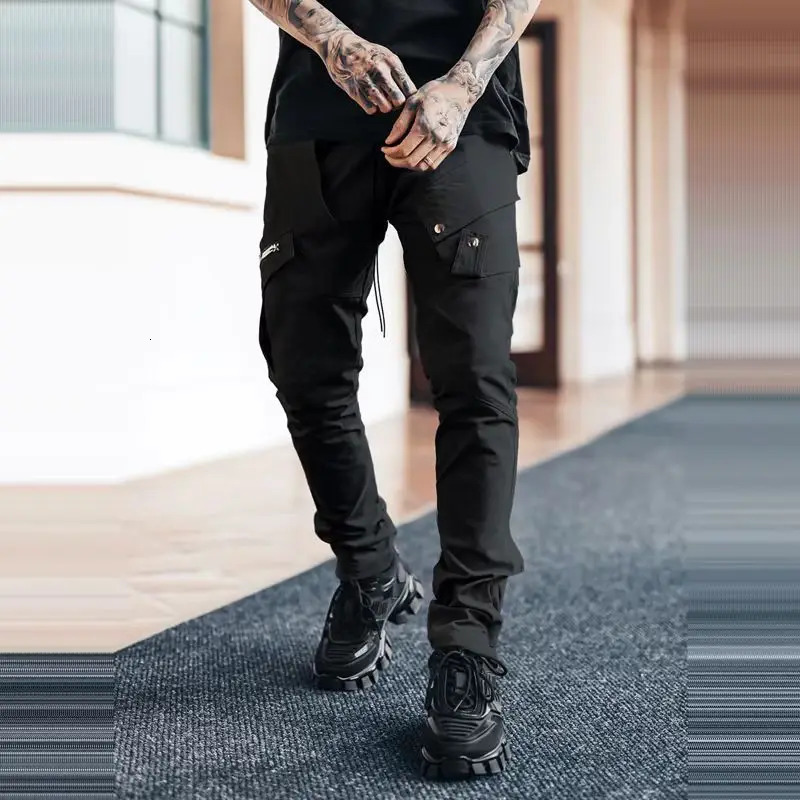 Mens side pocket cargo pants zipper black gray khaki hiphop casual mens jogging Trouser fashion streetwear Pantalones Hombre w240824