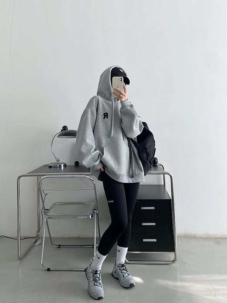 Womens Casual Sweatshirts Autumn Winter Lazy Style Solid Color Thick Loose Hooded Coat Streetwear Tops 240806