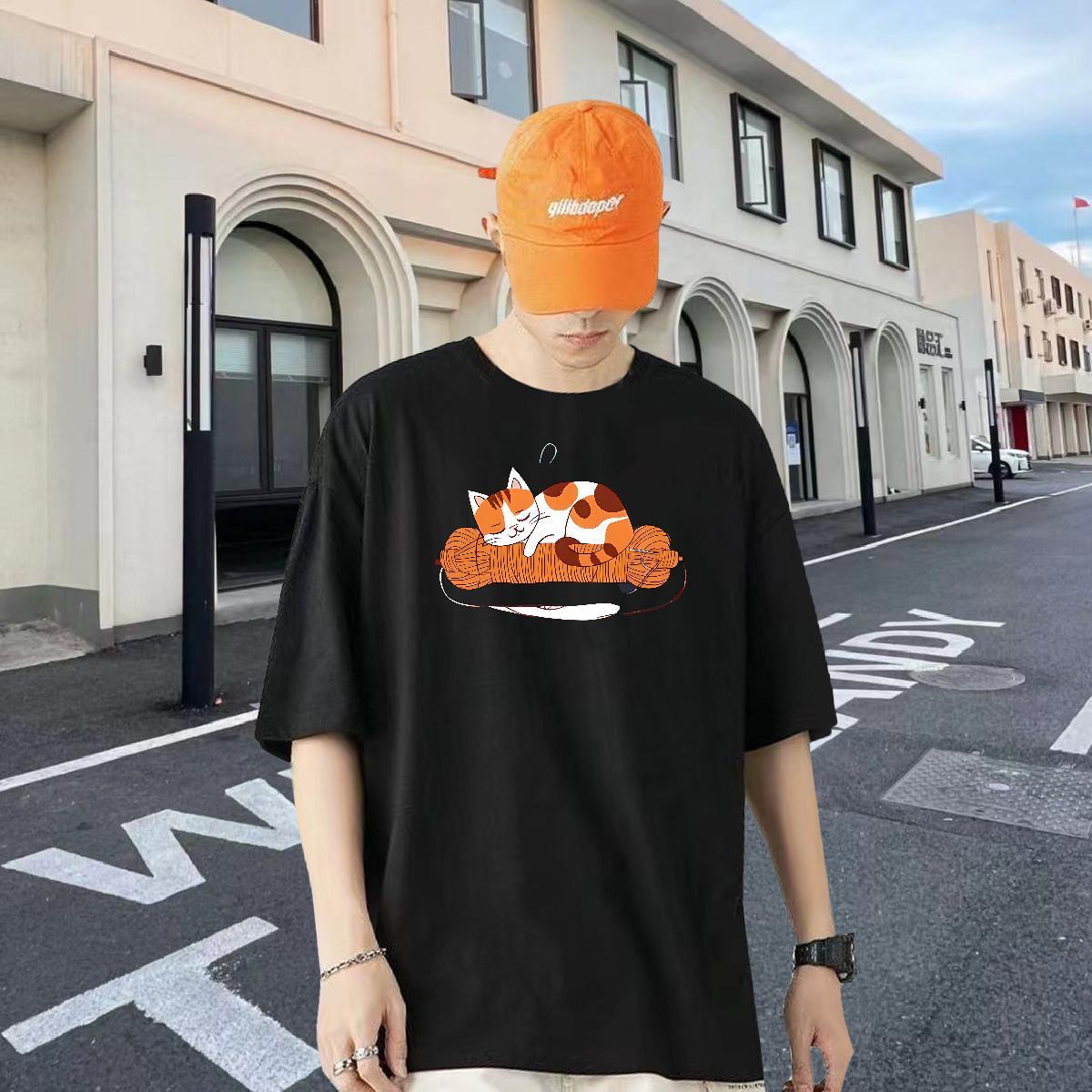 Fashion T-Shirts for Men 230g Cotton cat High Street Hip Hop Top Tees Breathable Crew Neck TOP Quality Men Tshirts White Plus Size