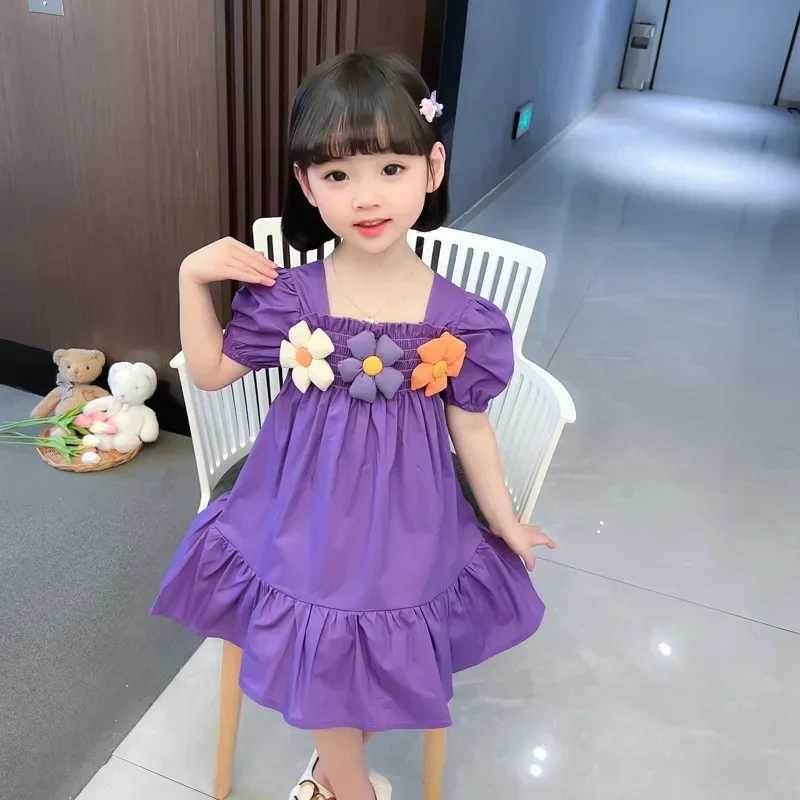 Summer Childrens Clothing Flowers Simple Solid Color Puff Sleeves Baby Girls Dress Thin Preschool Party Princess 0 to 10 Years OldW240720