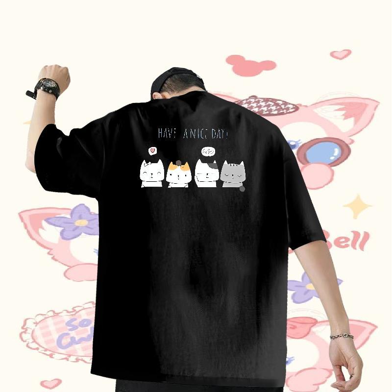 Brand T-Shirts for Men 230g 100% Cotton cat Anime Printing Street Top Tees O Neck Short Sleeves Wholesale Mens Tshirts Cartoon Printing L-4XL
