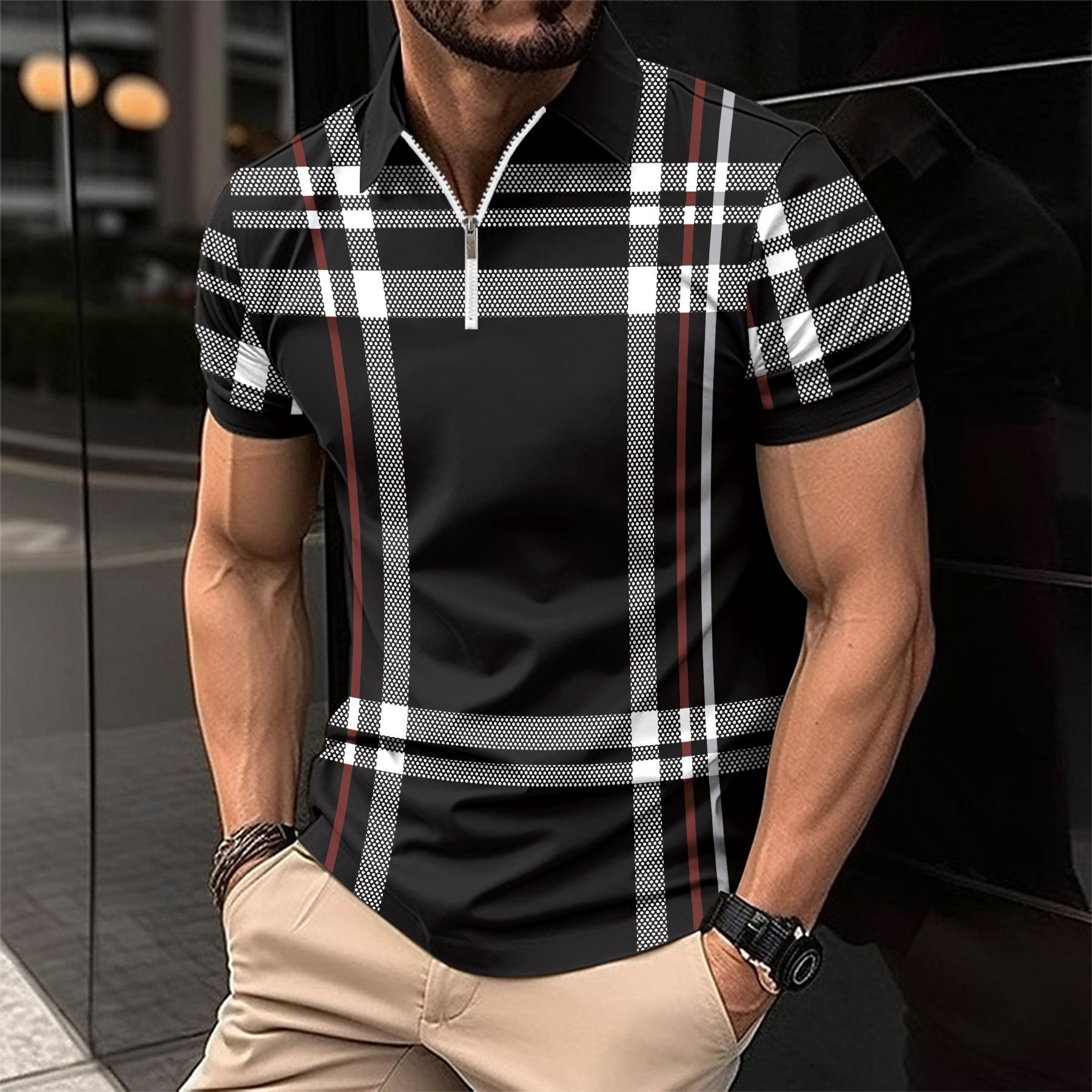 Summer Speed Sale Men's Printed Checkered Stripe Zipper Sports Polo Shirt