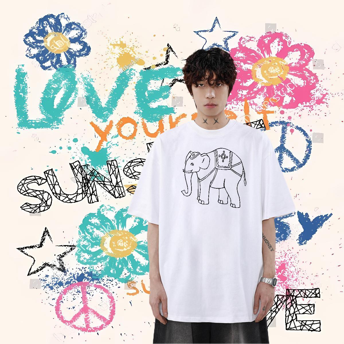 Designer T shirt 230g 100% Cotton elephant Sport Wear Short Sleeve O-Neck Cool Men Tees Black White