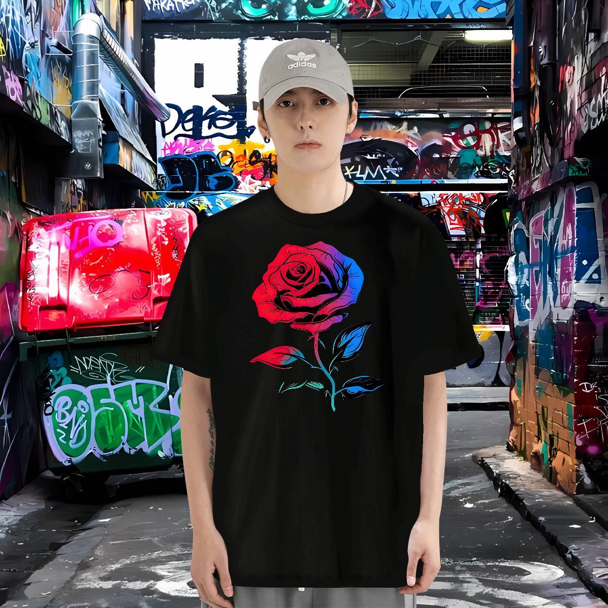 Mens T Shirts 230g Cotton ROSE Street Wear O Neck Short Sleeves Custom Big Size Men Tops Tees New Loose Fit Tee Shirt