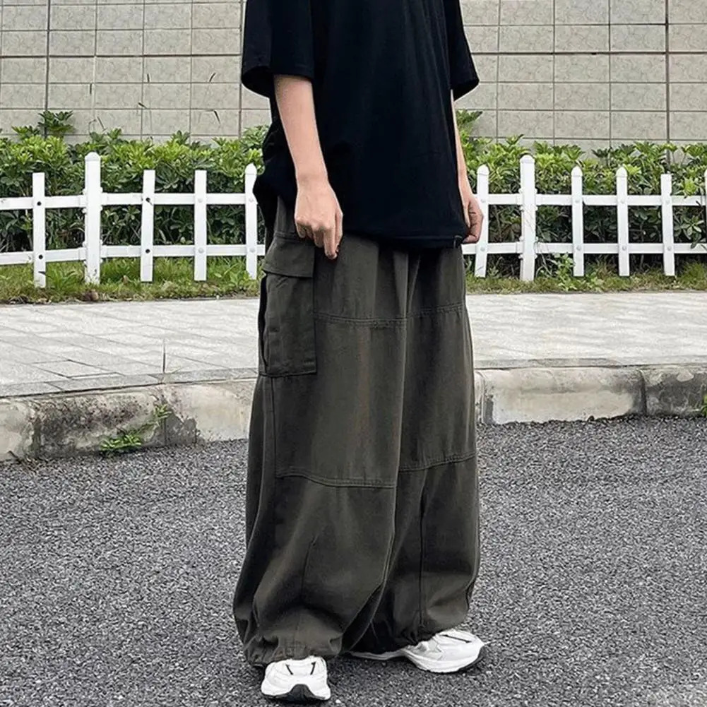 Men Pants Wide Leg Multi Pockets Elastic Waist Solid Color Loose Bottoms Straight Cargo Baggy Trousers for Outdoor 240806