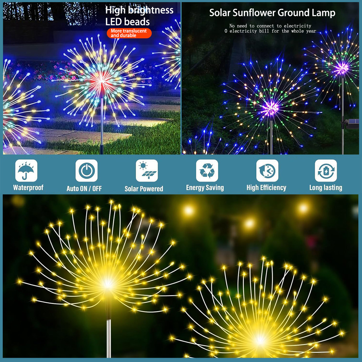 LED solar powered ground mounted fireworks lights, dandelion light string, outdoor festival courtyard garden decoration, lawn lights,constant bright s