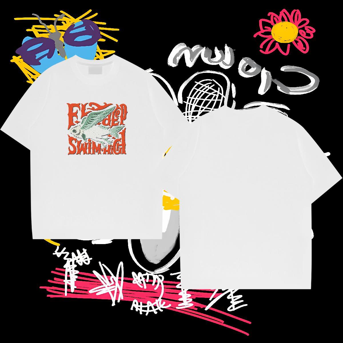 Designer Fashion T Shirts Men 100% Cotton 230g fish Summer Casual Tops Shirt Crew Neck Breathable Loose Tshirt for Man Woman DIY Printed
