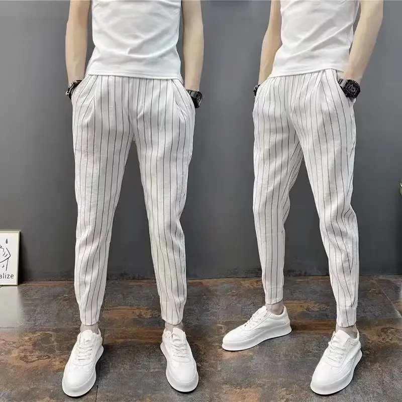 Mens Slimming Striped Casual Cropped Pants Autumn Style Tapered Trousers Fashionable Internet Celebrity 240806