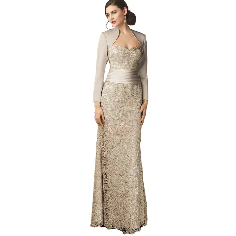 Elegant Champagne Lace Mother of The Bride Dresses Long Sleeves Women Formal Prom Gown Sheath Wedding Party Evening Gowns