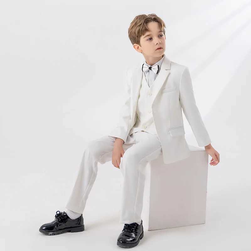 Suits Children White Red Blue Piano Party Dress Kids Jacket Vest Pants Bowtie 4PCS Ceremony Photograph Suit Boys Performance Costume