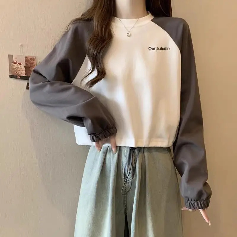 Office Lady Contrast Color Pullover Letter Embroidered Lantern Long Sleeve Womens Clothing Casual Loose Hoodies Round Neck Tops 240806