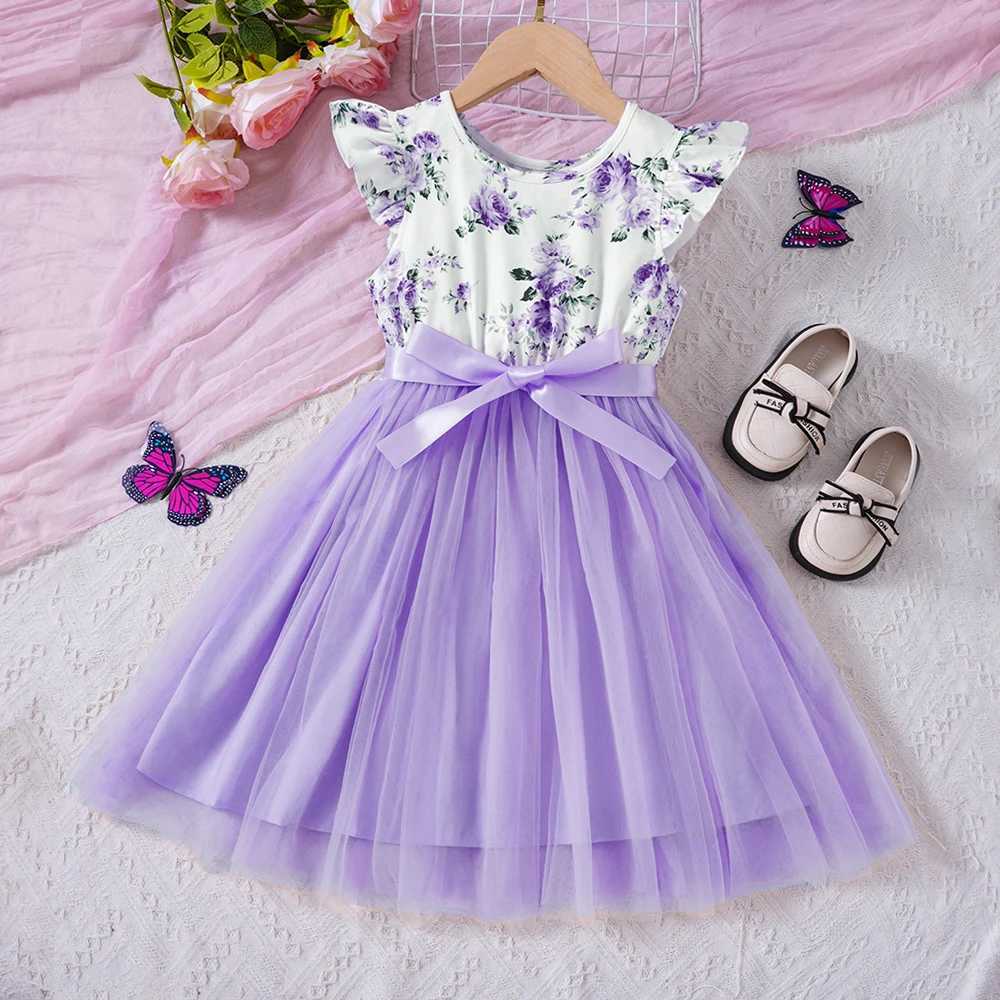 Summer New Cute Flying Sleeve Romantic Flower Net Princess Dress Suitable for Middle School Children and GirlsW240720