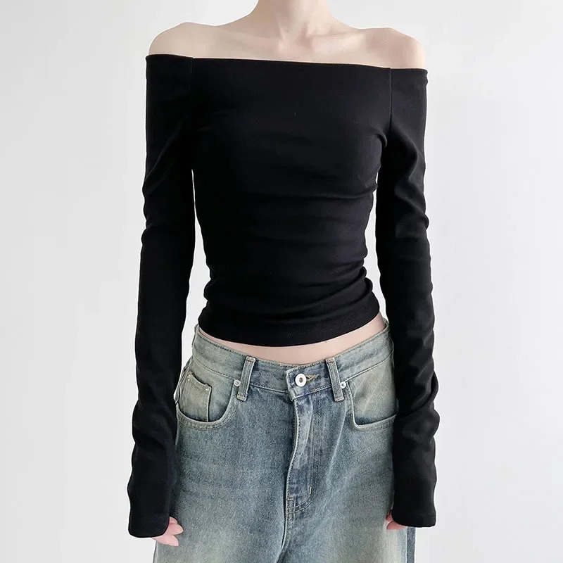 Solid Slash Neck Crop Top Women Off Shoulder Long Sleeve Skinny T-shirt Harajuku y2k Femme Clothing Autumn Casual Shirts 240806