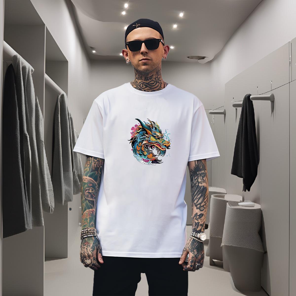 T Shirt For Man 230g Pure Cotton Colorful Dragon Head Hip Hop Street Breathable Crew Neck White Plus Size Couples T Shirts Custom Brand Wear