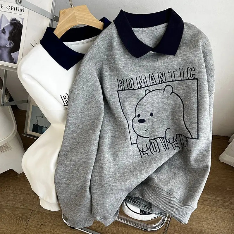 Polo Collar Hoodies Lovely Gray Bear Pattern Women Sweatshirt Autumn Vintage Female Hoodies Casual Long Sleeve Oversized Tops 240806