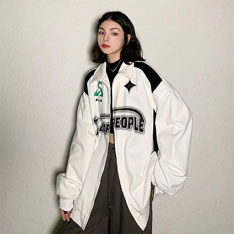 Y2k Fashion Harajuku Vintage Oversized Women Sweatshirts Grunge Korean Streetwear Black White Zip Up Hoodies Female Hip Hop Tops 240805