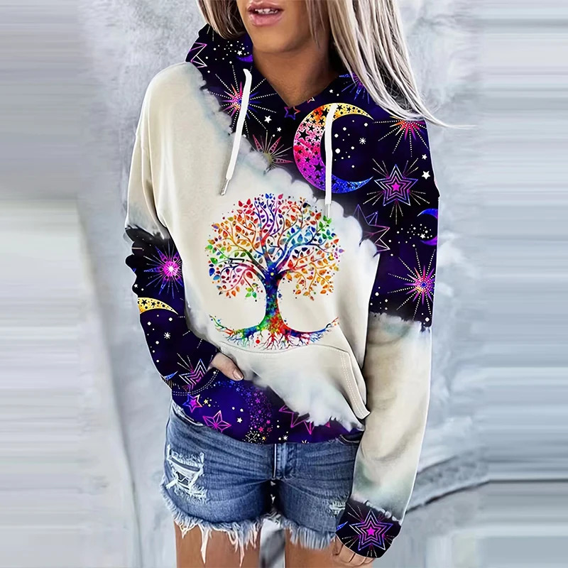 Moon Print Kangaroo Pocket Hoodie Casual Long Sleeve Drawstring Hoodies Sweatshirt Womens Clothing 240806