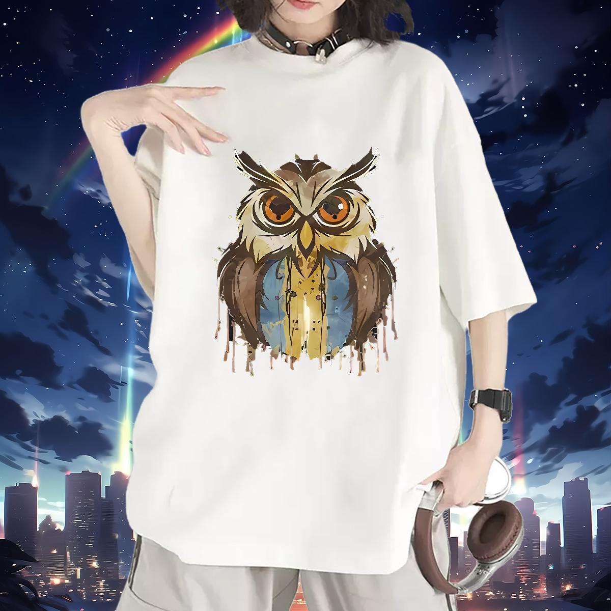 Unisex Woman T Shirts Breathable Short Sleeve Woman Tshirt Cartoon Floral Printing Owl Home Outdoor 230g Cotton 2024 Polos