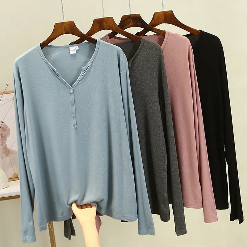 Summer Spring Bottoming Mask Tshirt Rib Cotton T-shirts long sleeves V-neck Buttons Tee tops solid color all match 240806