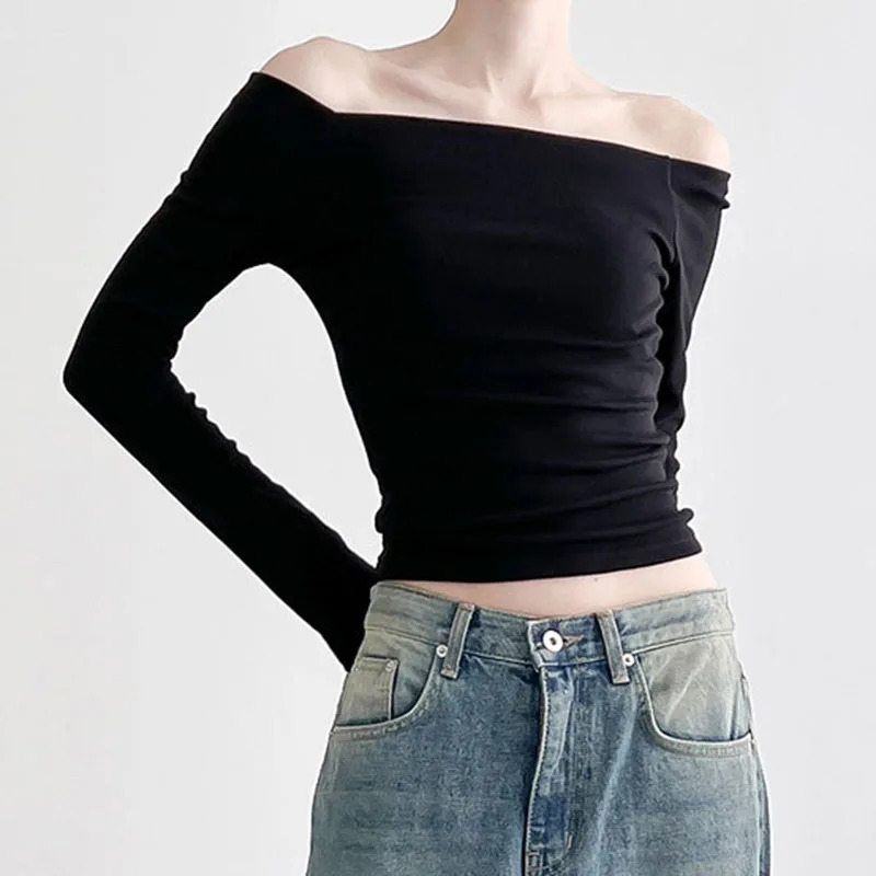 CIBBAR Solid Slash Neck Crop Top Women Off Shoulder Long Sleeve Skinny T-shirt Harajuku y2k Femme Clothing Autumn Casual Shirts 240806