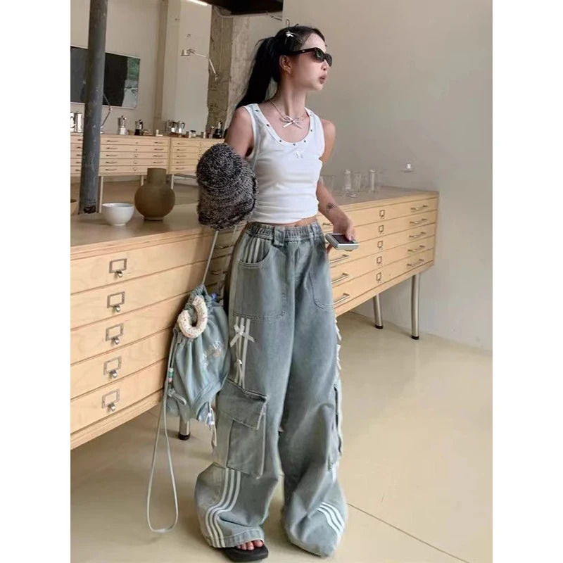 Womens Bow Y2k Cargo Jeans Harajuku Baggy Denim Trousers Aesthetic Jean Pants Vintage Japanese 2000s Style Trashy Clothes 240806