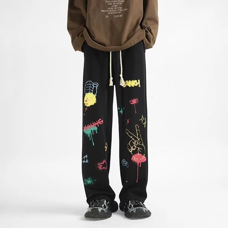 American Graffiti Printed Baggy Straight Pants Hombre Y2K Streetwear Wideleg Sweatpants For Men Hip Hop Fashion Trousers 240806