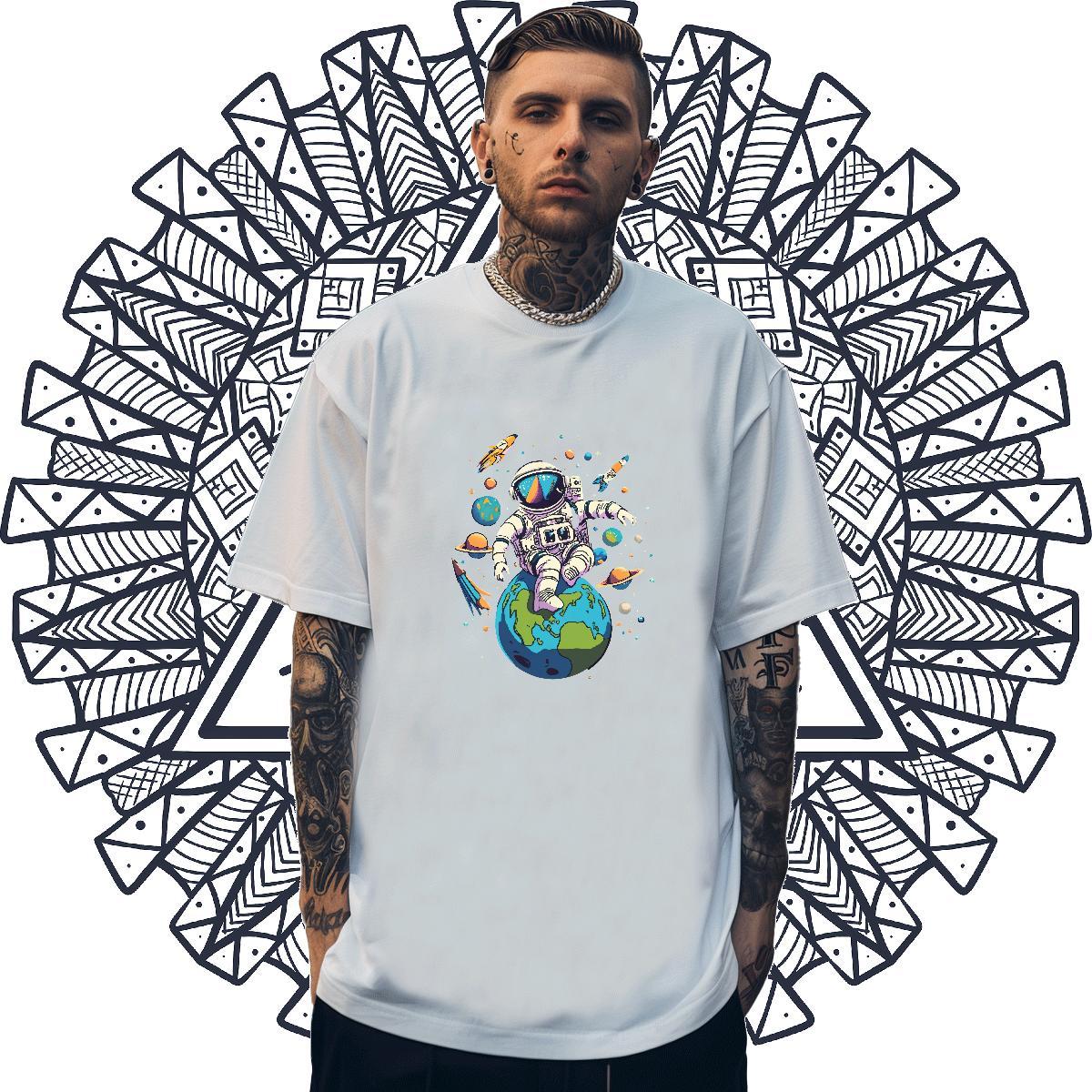 Cool Mens Tshirts 100% Cotton 230g High Street Hip Hop spaceman Anime Print Short Sleeve Soft Fashion T shirt Clothes
