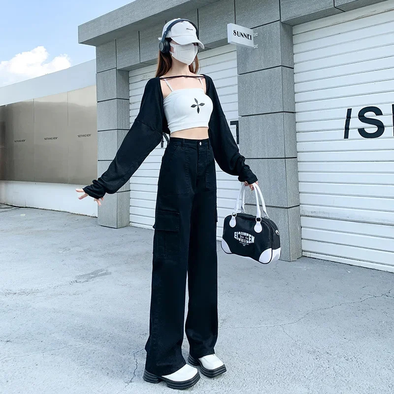 American Style Vintage Wide-leg Denim Cargo Pants For Women High-waisted Straight-leg Slimming Casual Trousers Arrival Spring 240806