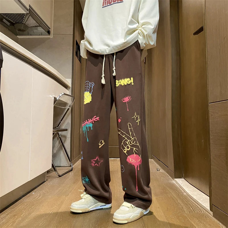 American Graffiti Printed Baggy Straight Pants Hombre Y2K Streetwear Wideleg Sweatpants For Men Hip Hop Fashion Trousers 240806