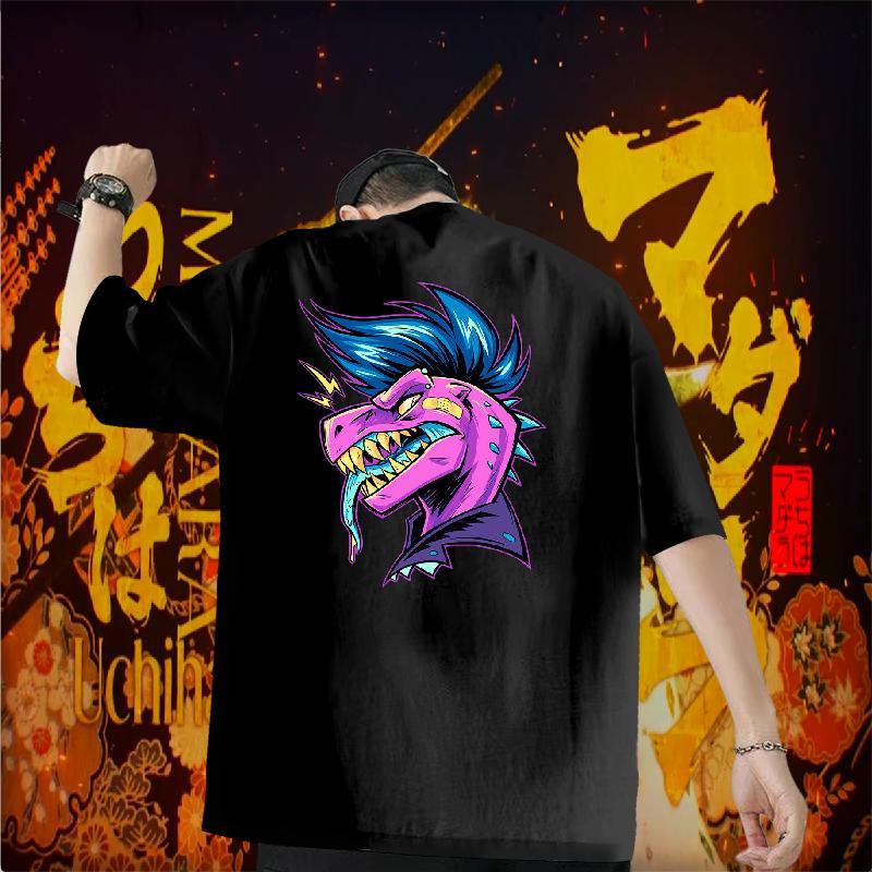 Fashion T Shirts Men 100% Cotton 230g dinosaur Casual Beach Wear Breathable Soft Free Shipping Mens Tshirts Black Oversized