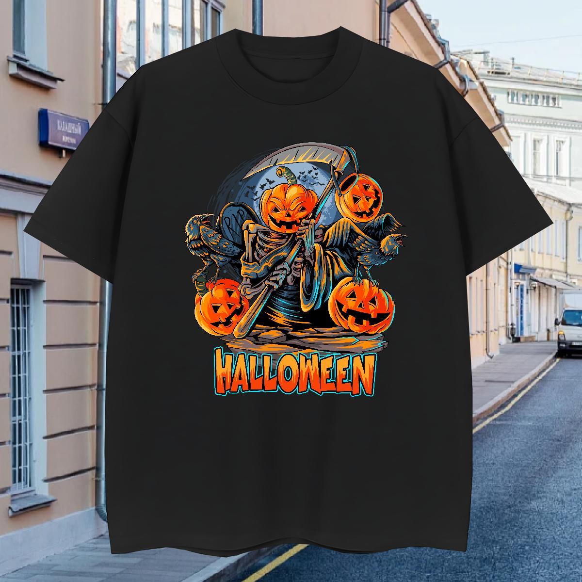 T-Shirts for Men 230g 100% Cotton Halloween Street Breathable Short Sleeve Floral Print Couples T Shirts Free Shipping Loose Tops Tees
