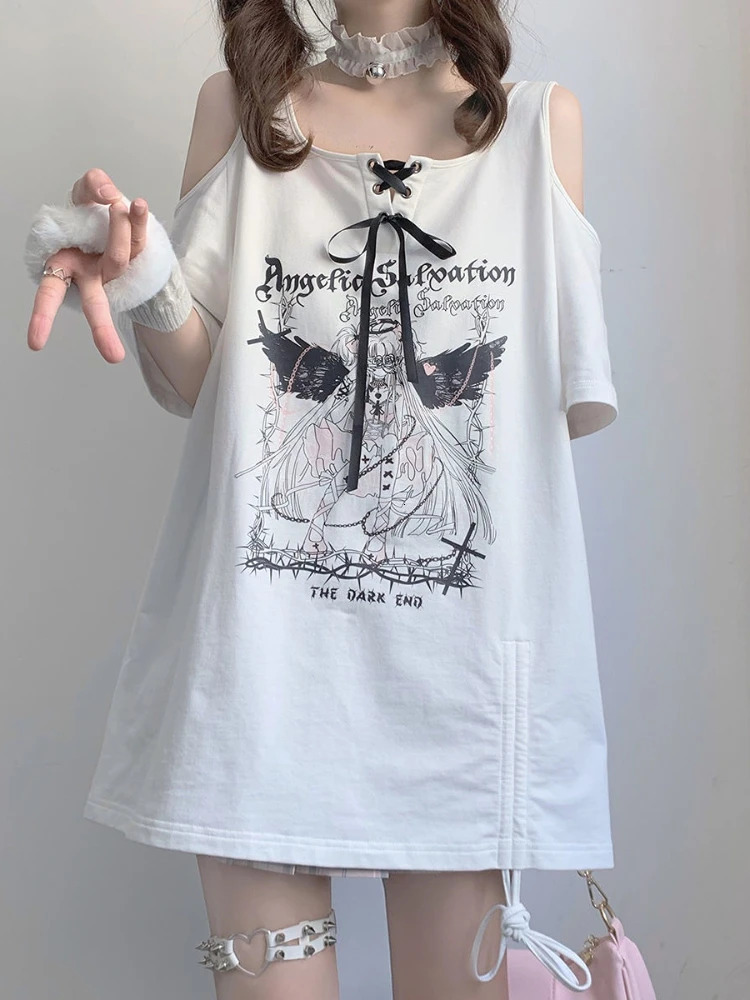 Strapless O-neck white angel T-shirt with letter print lace short sleeved T-shirt for women loose casual long T-shirt Y2k 240826