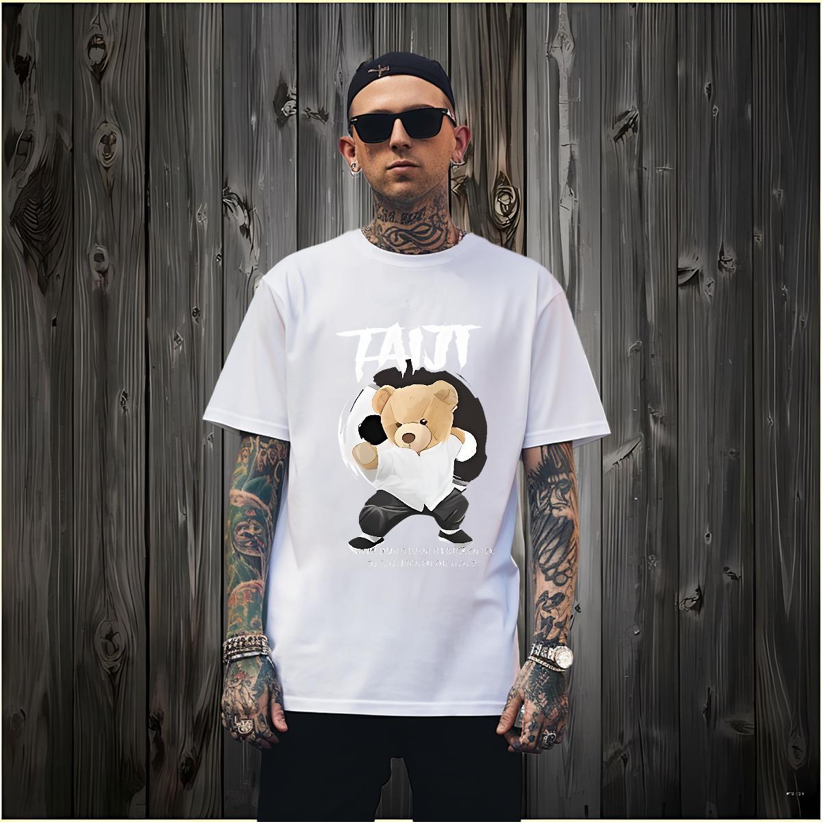 T Shirt For Man 100% Cotton 230g kongfu Casual Beach Short Sleeve Soft Cartoon Print Men Tshirts New Designer Free Shipping Wear