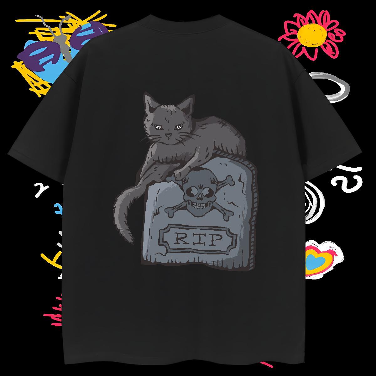 New T Shirts Men 100% Cotton 230g cat Beach Tshirts Breathable Short Sleeve Loose Men Tees Skull