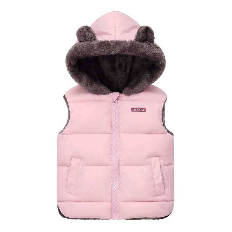 New autumn and winter plush hooded bunny ear fashionable and cute sports vest and 1-6 year warm solid color vestW240724